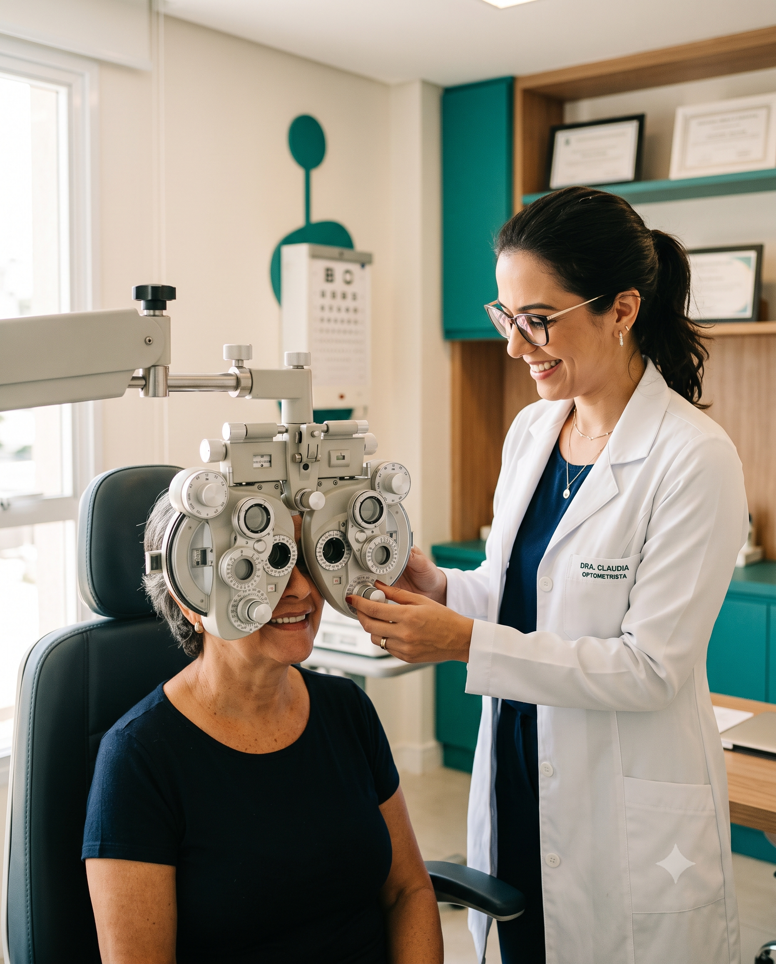 Optometrista realizando exame de vista completo em paciente no consultório em Barra Velha